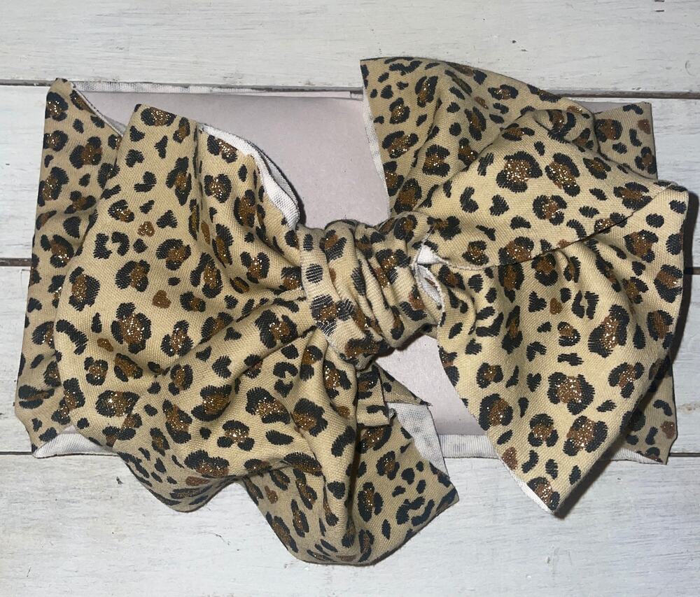 Baby Messy Wrap Bow Headband 15” Cheetah Sparkle Stretchy Knit